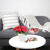 small poinsettia plant in white pot on top of a white coffee table in a brightly lit living room witha grey couch 