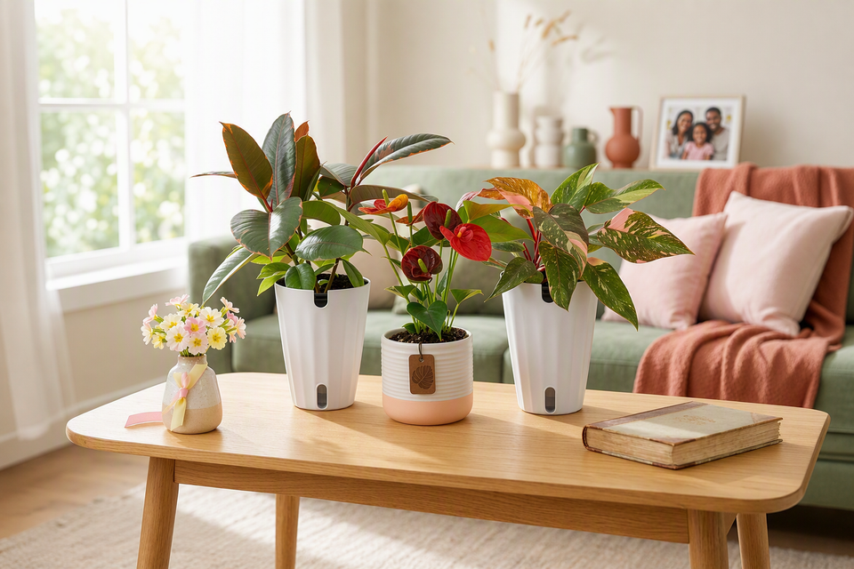 3 houseplants in a bright room.